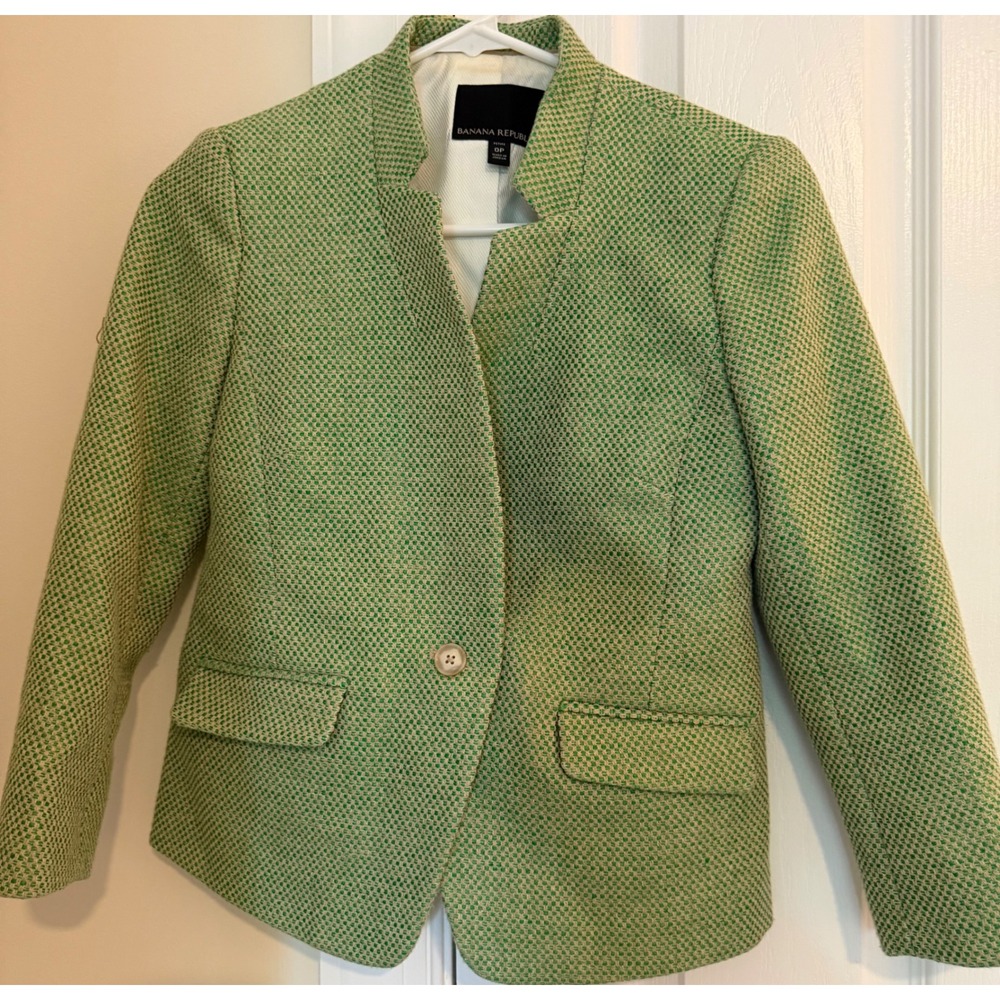 Banana Republic Women Green Basketweave Blazer Stand Collar Jacket 0P RN54023